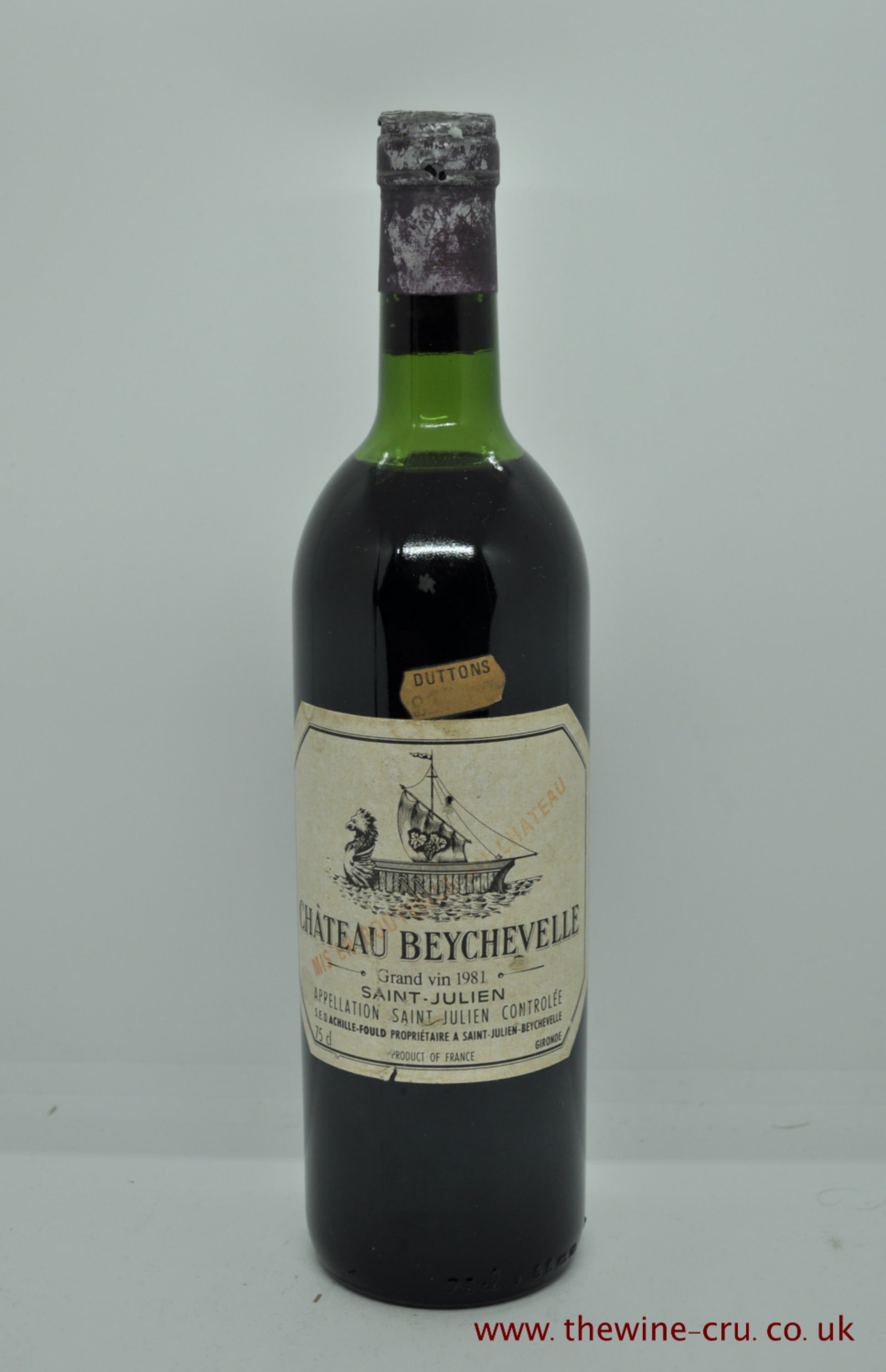 1981 vintage red wine. Chateau Beychevelle 1981, france, Bordeaux. The capsule is faded and corroded, label complete and the wine level is top shoulder. Immediate delivery . Free local delivery. Gift wrapping available.