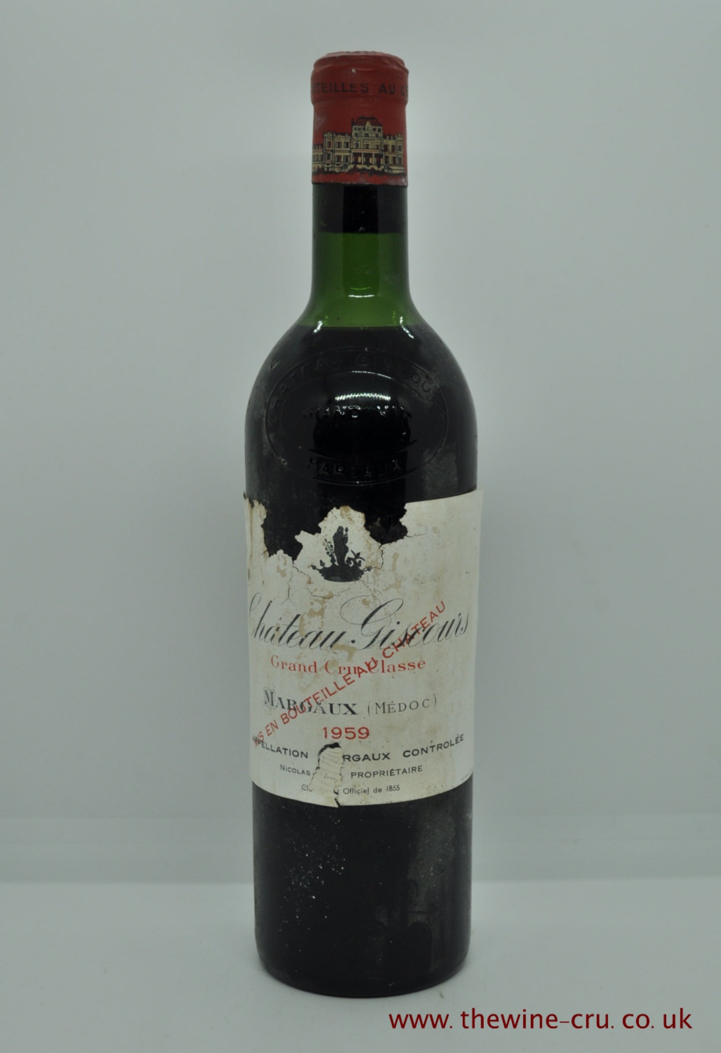 1959 vintage red wine. Chateau Giscours, France, Bordeaux. The wine level is tp shoulder and the labels are loose. Immediate deliver. free local delivery. Gift wrapping available.