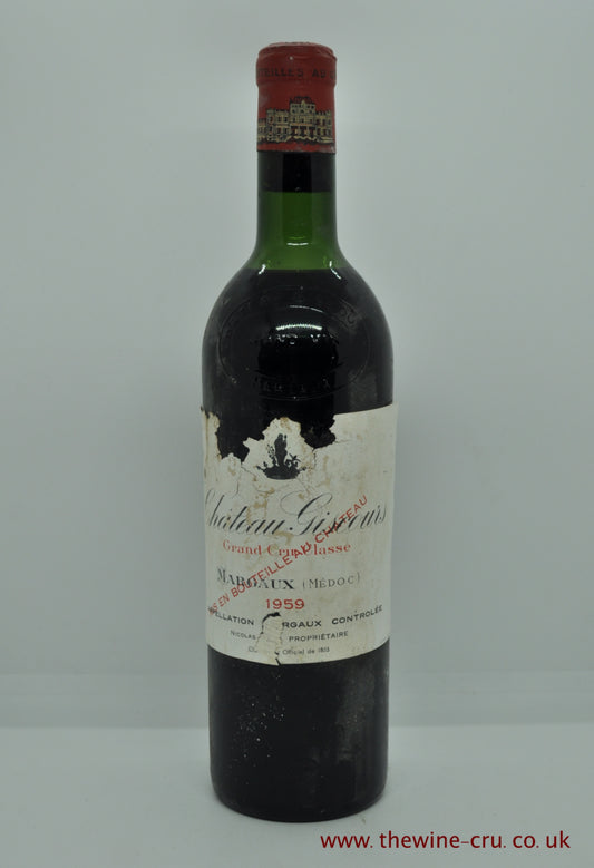 1959 vintage red wine. Chateau Giscours, France, Bordeaux. The wine level is tp shoulder and the labels are loose. Immediate deliver. free local delivery. Gift wrapping available.