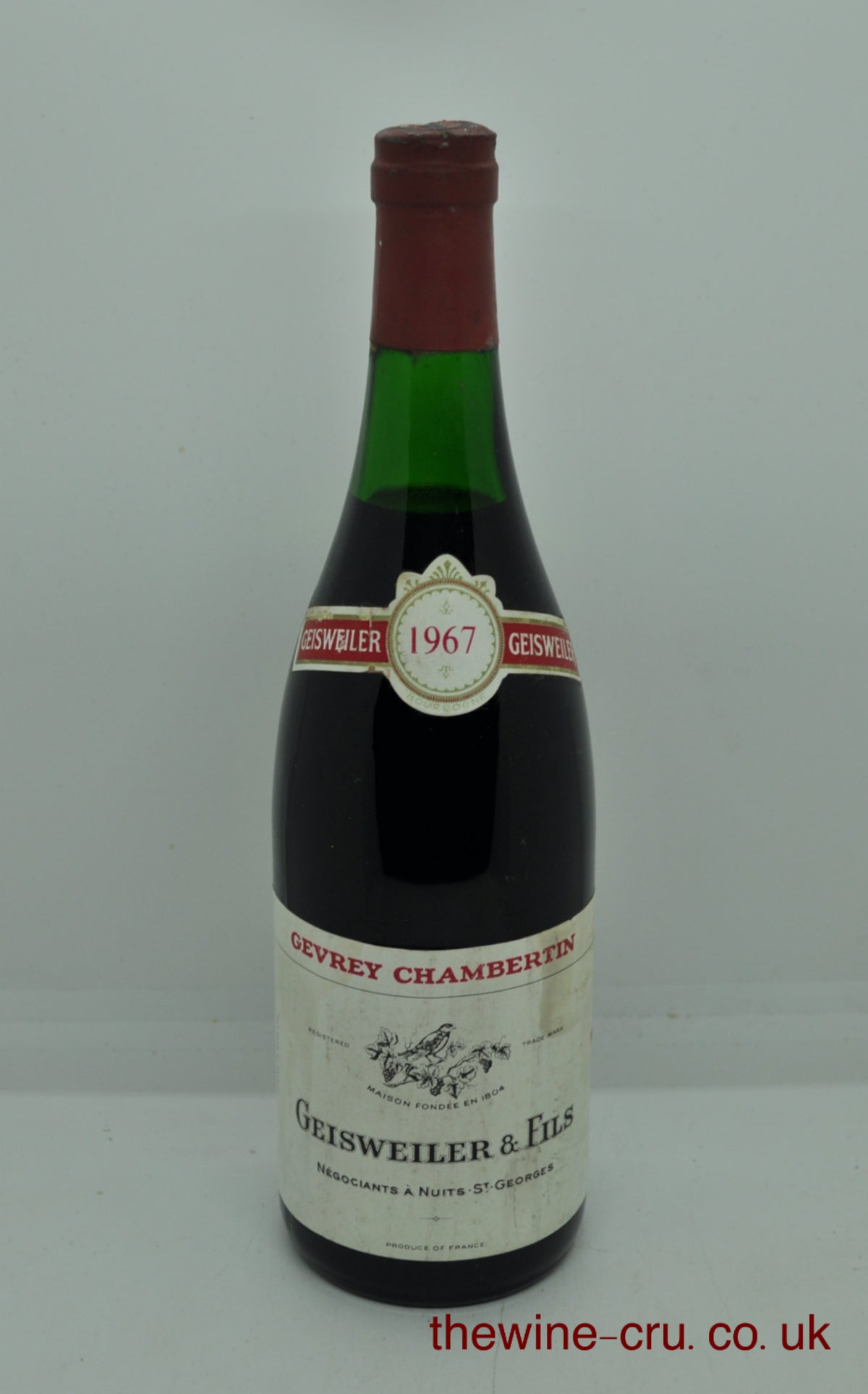 1967 vintage red wine from Burgundy. The bottle is in good general condition with the wine level being 4 inches below the cork. Immediate delivery. Free local delivery. Gift wrapping available.