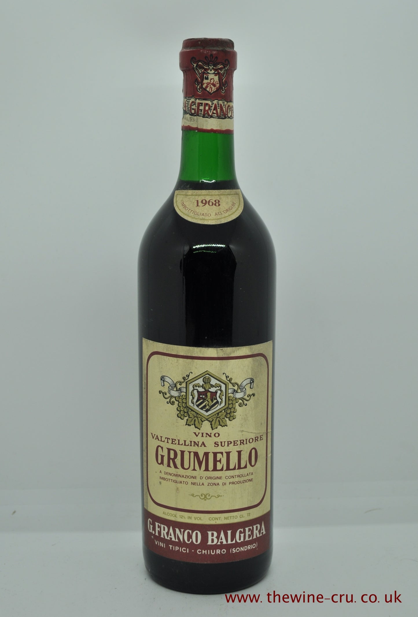 1968 vintage red wine. Grumello Valtellina Superiore G Franco Balgera 1968. The bottle is in good condition generally and the wine level is base of neck. Immediate delivery. Free local delivery. Gift wrapping available.