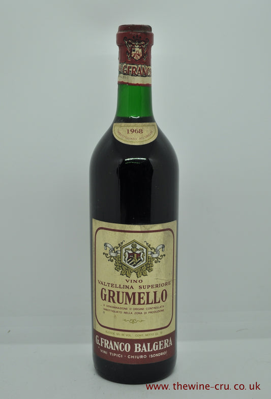 1968 vintage red wine. Grumello Valtellina Superiore G Franco Balgera 1968. The bottle is in good condition generally and the wine level is base of neck. Immediate delivery. Free local delivery. Gift wrapping available.