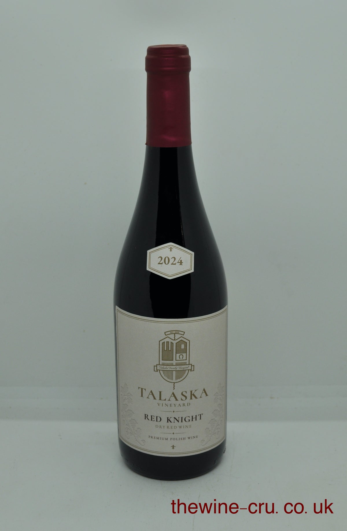 Bottle of Talaska Vineyard Red Knight dry red wine, 2024 vintage premium Polish wine with a red top capsule against a neutral white background. The wine is available for immediate delivery and qualifies for free local delivery. This product can be gift wrapped.