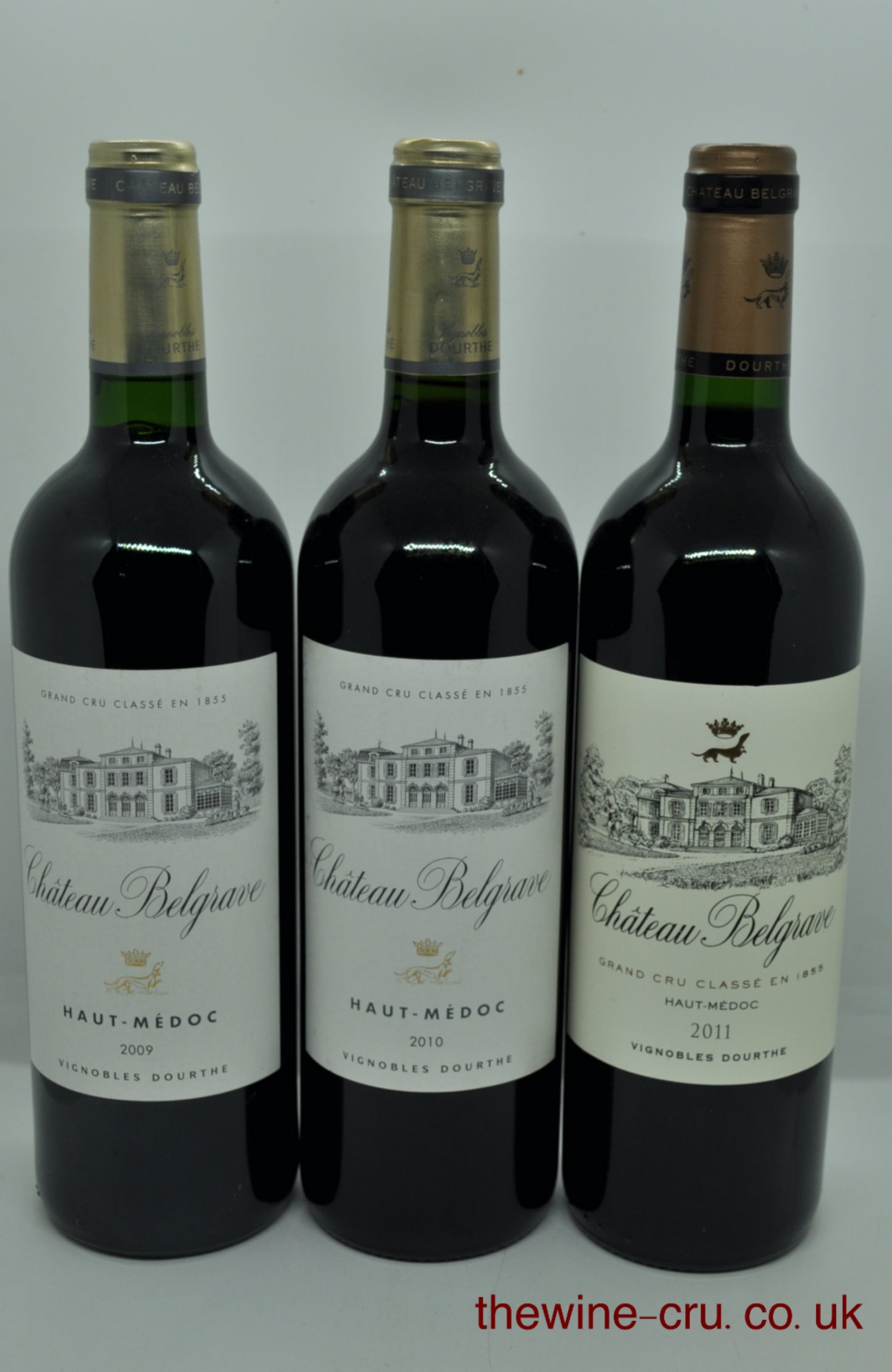 Three bottles of vintage red wine from Chateau Belgrave. Vintages 2009, 2010 and 2011. The bottles are in excellent condition. Immediate delivery. Free local delivery.