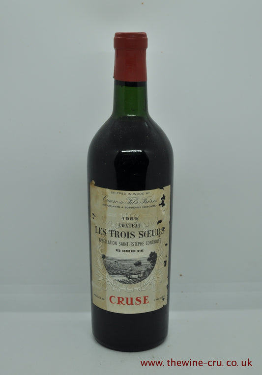 1959 vintage red wine from Bordeaux France. The bottle is in good general condition. Label bin soiled and the wine level is top shoulder. Immediate delivery. Free local delivery. Gift wrapping available.