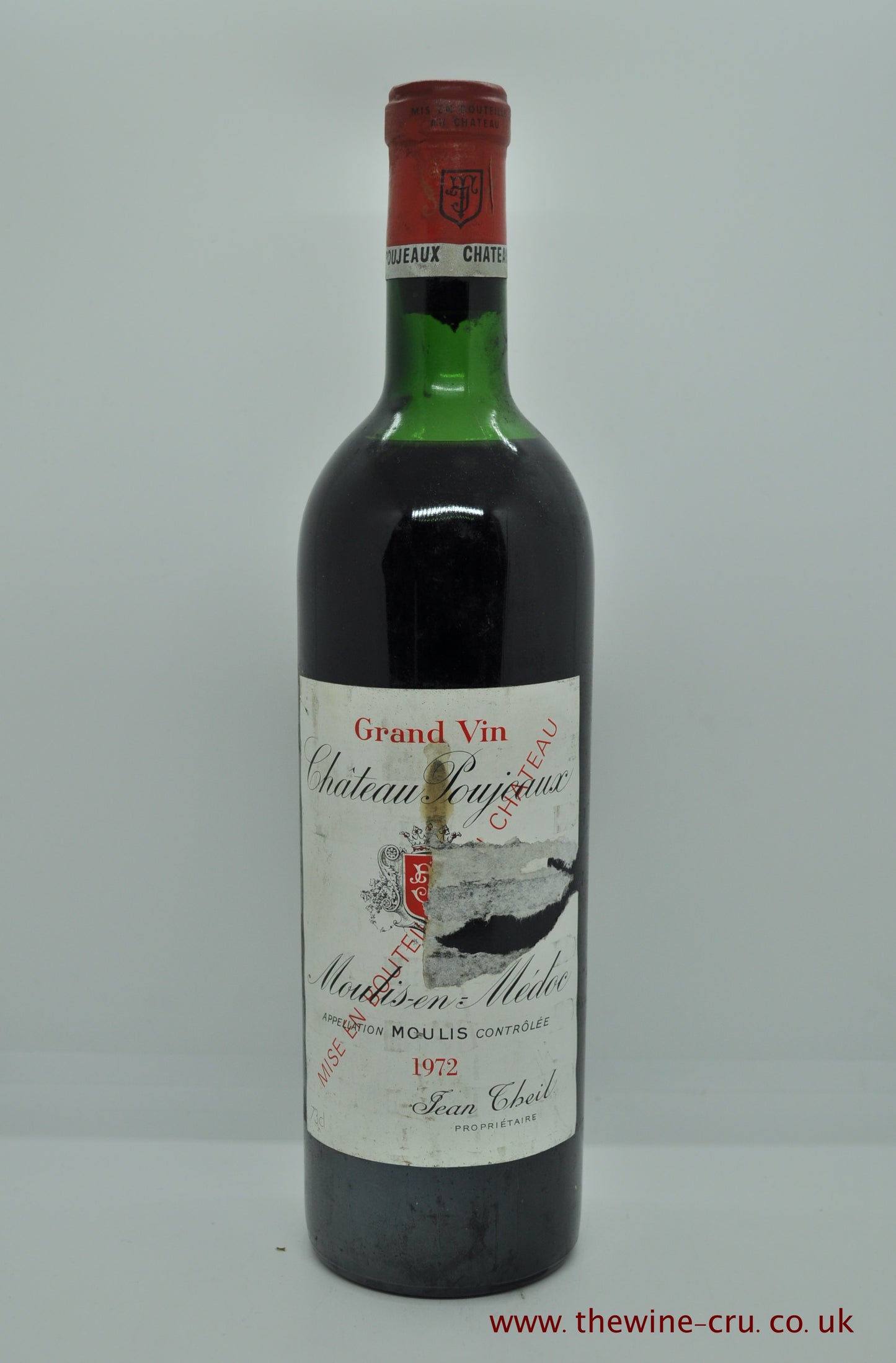 1972 vintage red wine. Chateau Poujeaux, France, Bordeaux. The label has some damage and the wine level is top shoulder. Immediate delivery. Free local deliver. Gift wrapping available.