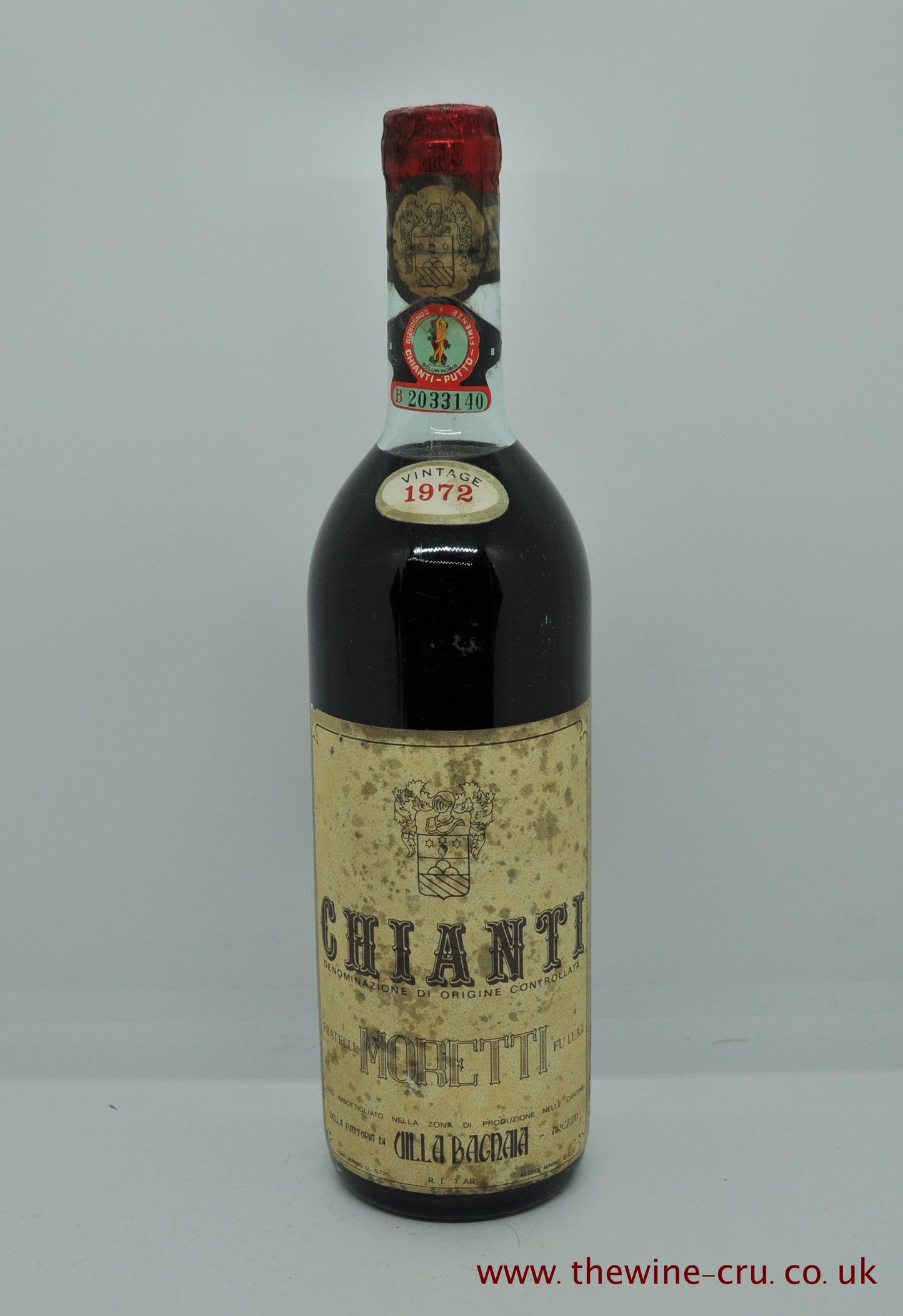 1972 vintage red wine from Italy. The label is bin soiled and the wine level is top shoulder. Immediate delivery. Free local delivery. Gift wrapping available