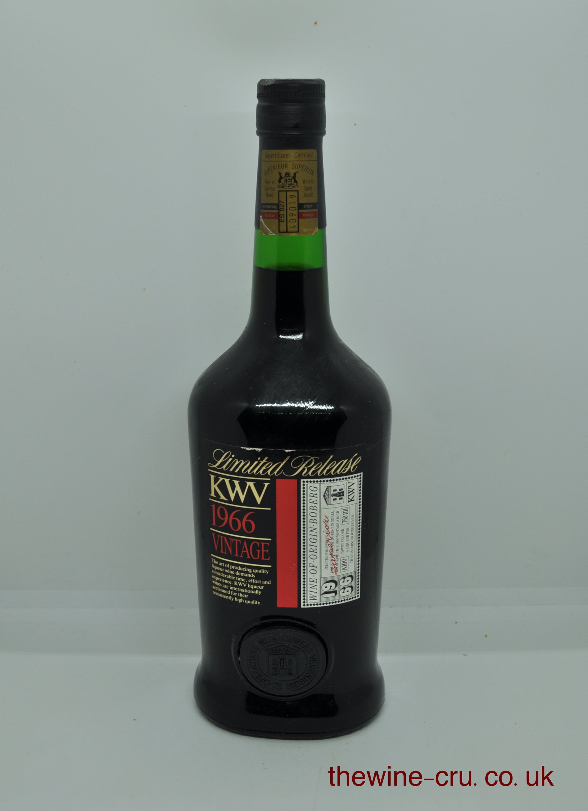 1966 vintage red sweet fortified wine from South Africa. The bottle is in good condition. Immediate delivery. Free local delivery. Gift wrapping available.