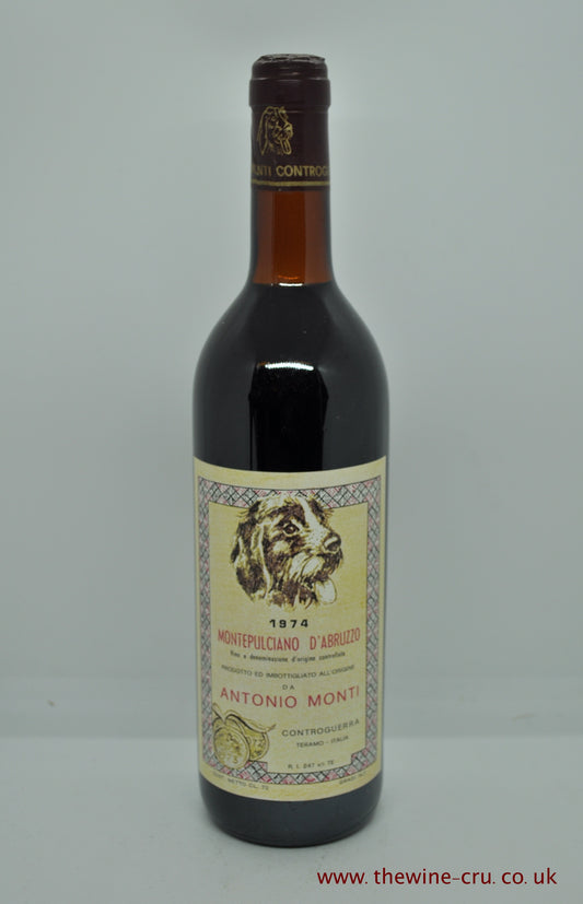 1974 vintage red wine. Montepulciano d'Abruzzo A.Monti 1974. Italy. The bottle is in good condition with the wine level being very top shoulder. Immediate delivery. Free local delivery. Gift wrapping available.