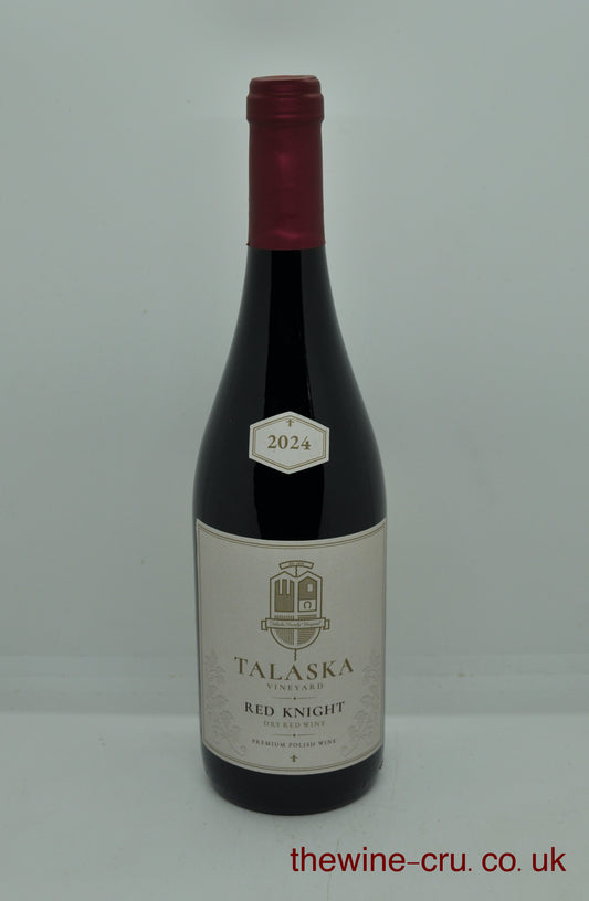 Bottle of Talaska Vineyard Red Knight dry red wine, 2024 vintage premium Polish wine with a red top capsule against a neutral white background. The wine is available for immediate delivery and qualifies for free local delivery. This product can be gift wrapped.