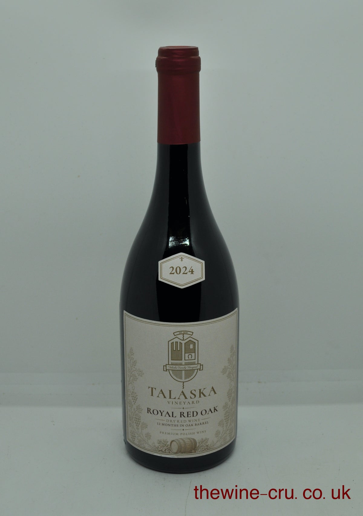 Bottle of Talaska Vineyard Royal Red Oak dry red wine, 2024 vintage premium Polish wine aged 12 months in oak barrels.The wine is available for immediate delivery and qualifies for free local delivery. This product can be gift wrapped.
