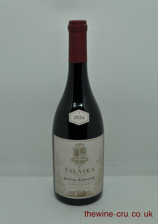 Bottle of Talaska Vineyard Royal Red Oak dry red wine, 2024 vintage premium Polish wine aged 12 months in oak barrels.The wine is available for immediate delivery and qualifies for free local delivery. This product can be gift wrapped.

