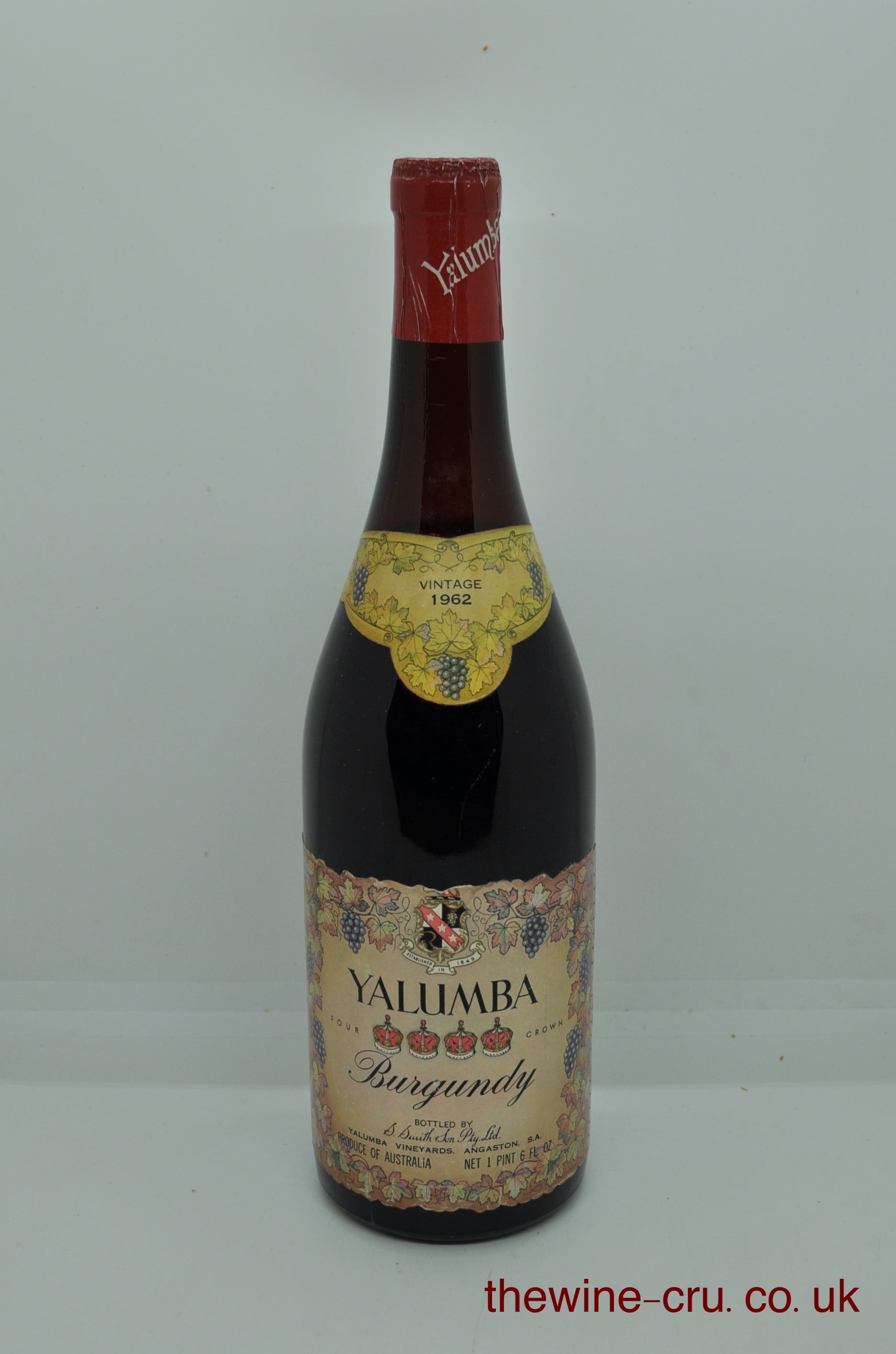 1962 vintage red wine in an imperial pint bottle. The bottle is in good condition with the wine level being 3cm below the base of the cork. Immediate delivery. Free local delivery. Gift wrapping available.